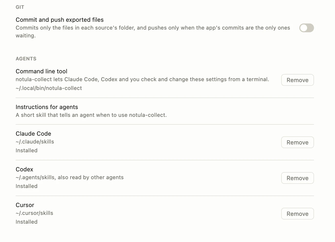 Settings: the switch to commit and push exported files, the notula-collect command line tool installed in ~/.local/bin, and its skill installed for Claude Code, Codex and Cursor.