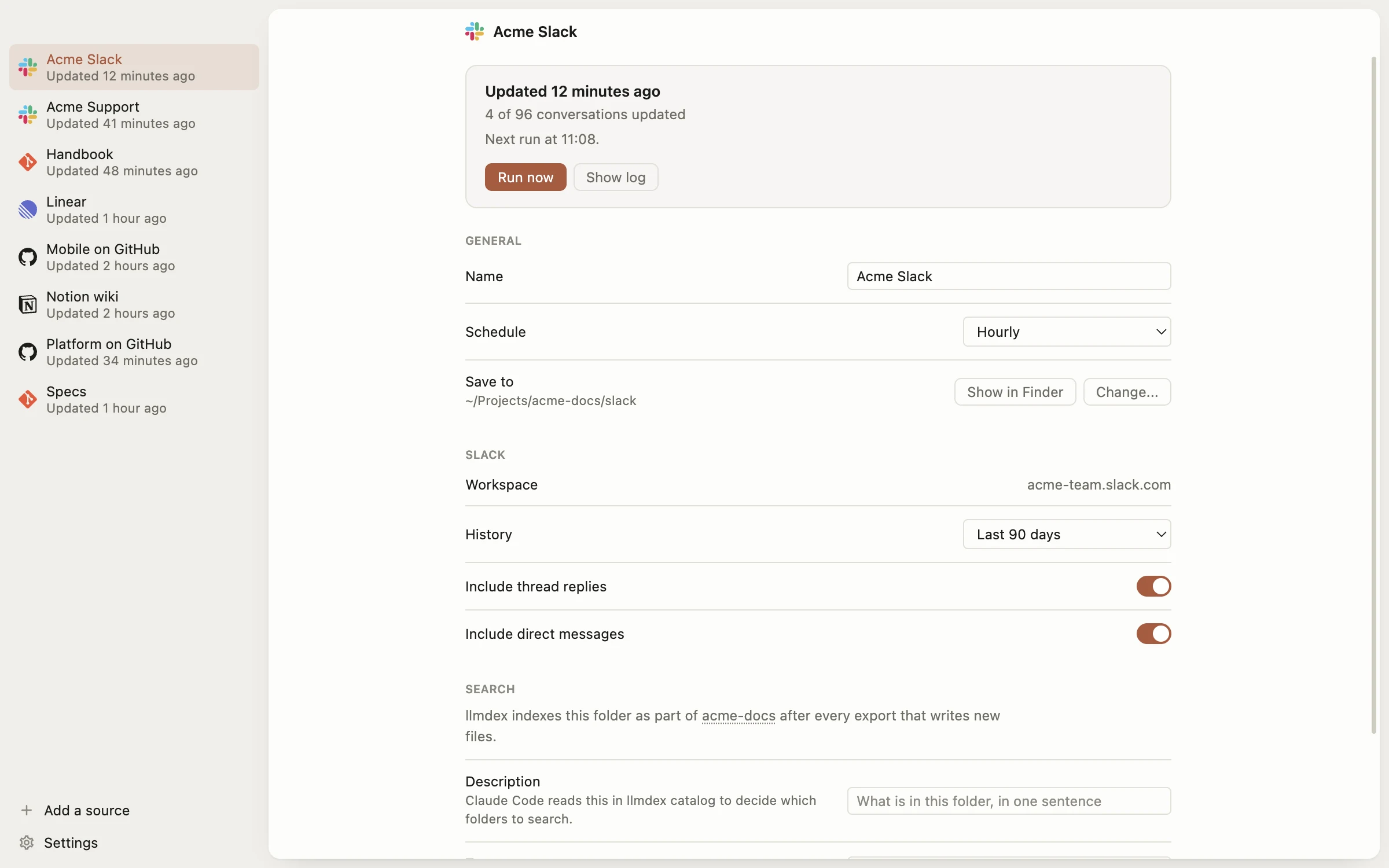 Notula Collect's window: eight sources down the side, and a Slack workspace updated 12 minutes ago with 4 of 96 conversations, run hourly into ~/Projects/acme-docs/slack and indexed by llmdex.