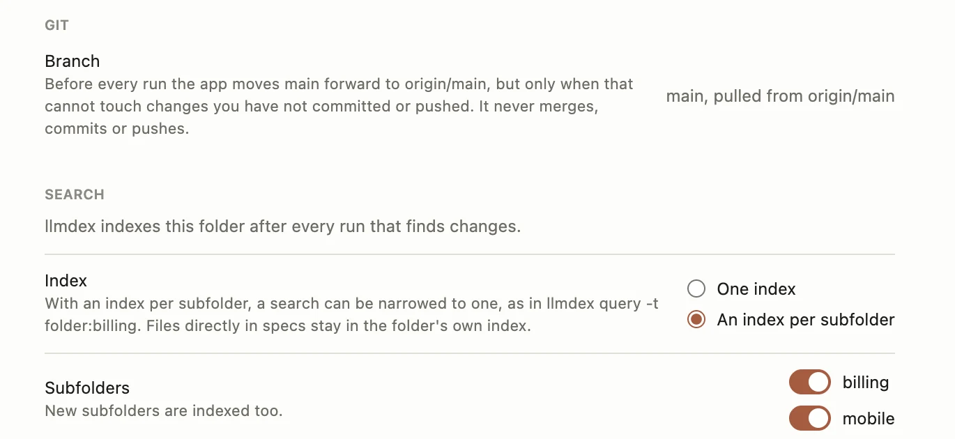 A cloned repository called Specs, with 2 commits pulled from origin/main an hour ago. Before every run main moves forward to origin/main only when that cannot touch uncommitted or unpushed changes, and there is an index per subfolder for billing and mobile.
