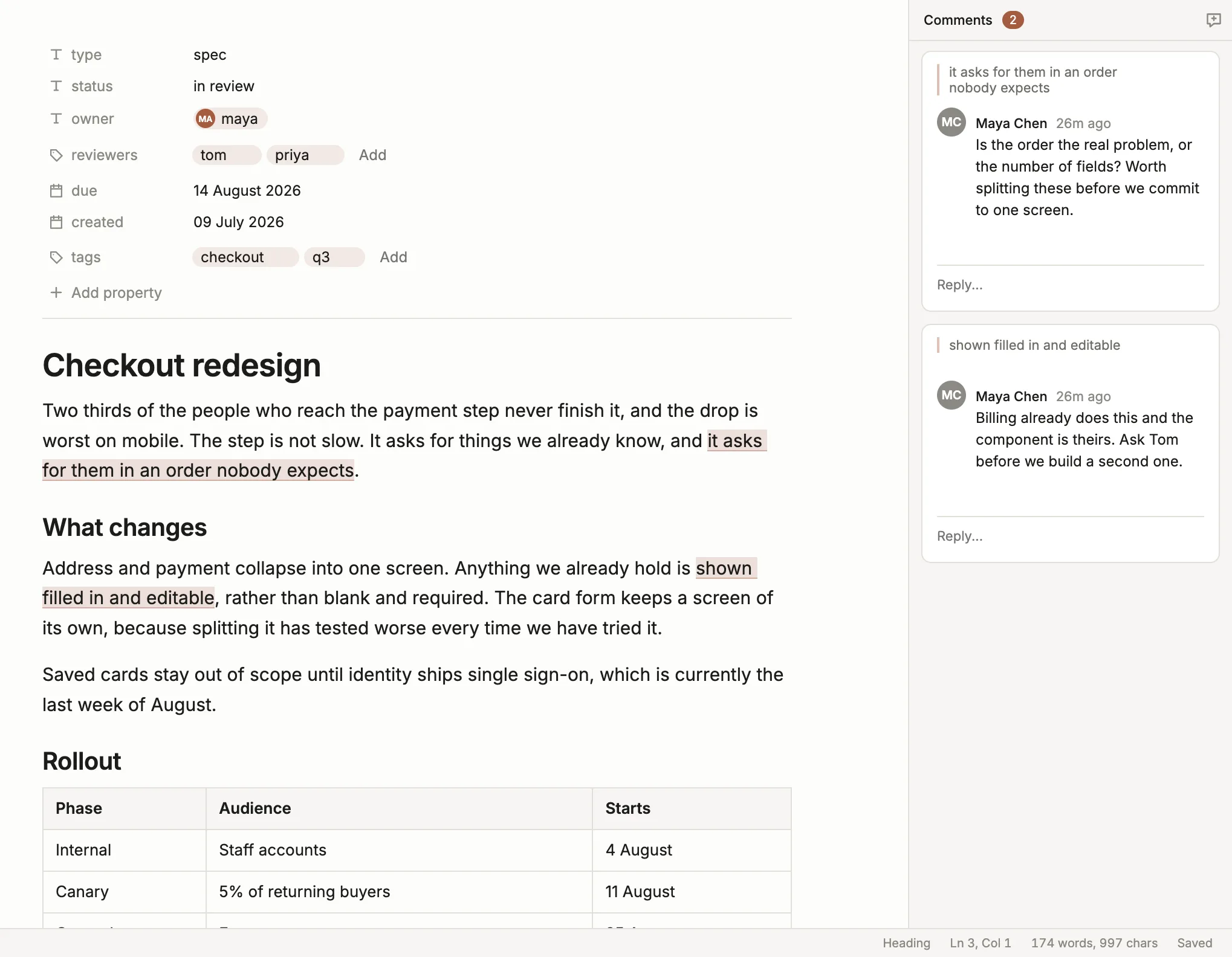Two comment threads in the panel beside the document, each anchored to the passage it quotes.