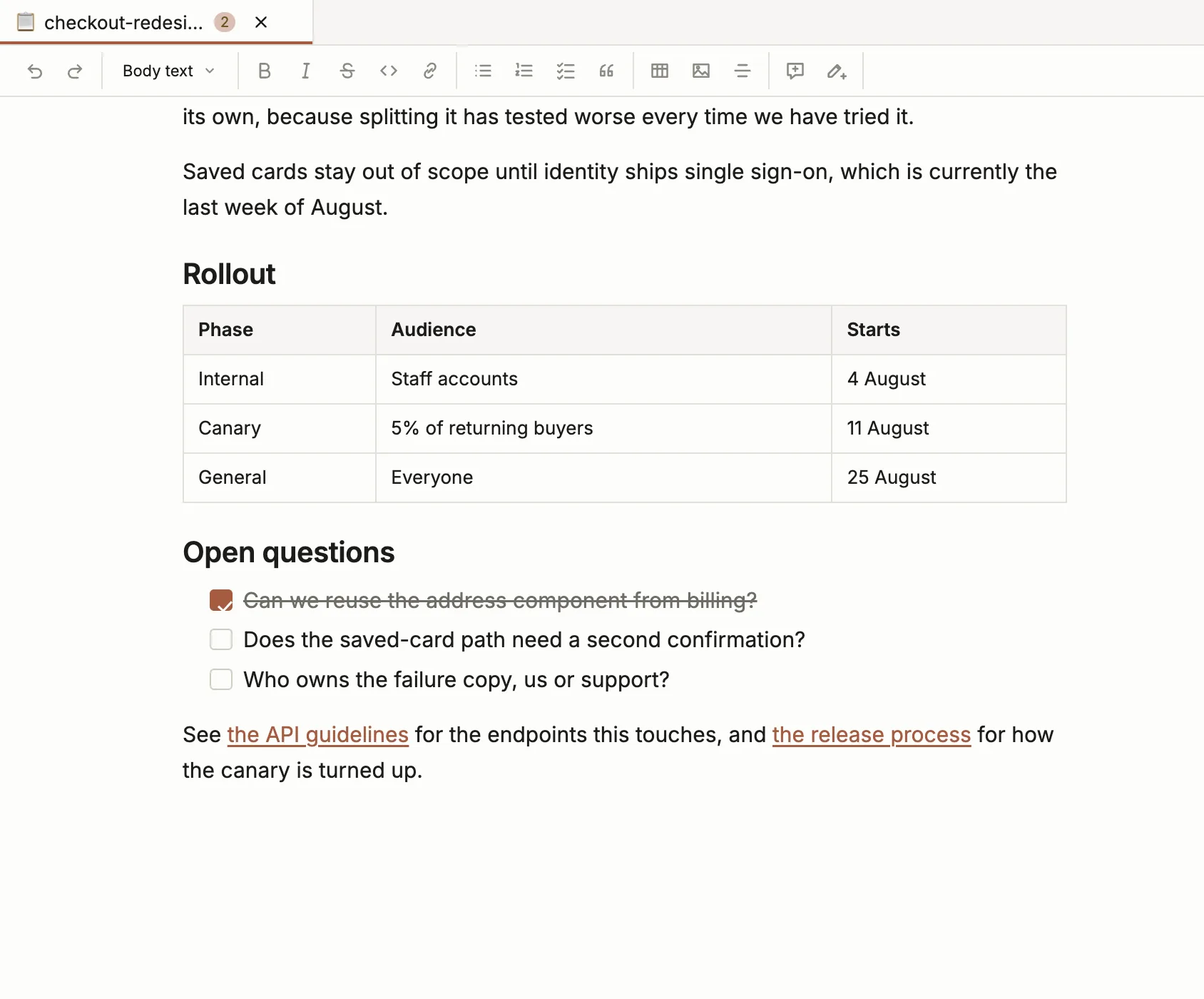 A rollout table and a checklist in the editor, with no hashes, asterisks or table pipes anywhere on screen.