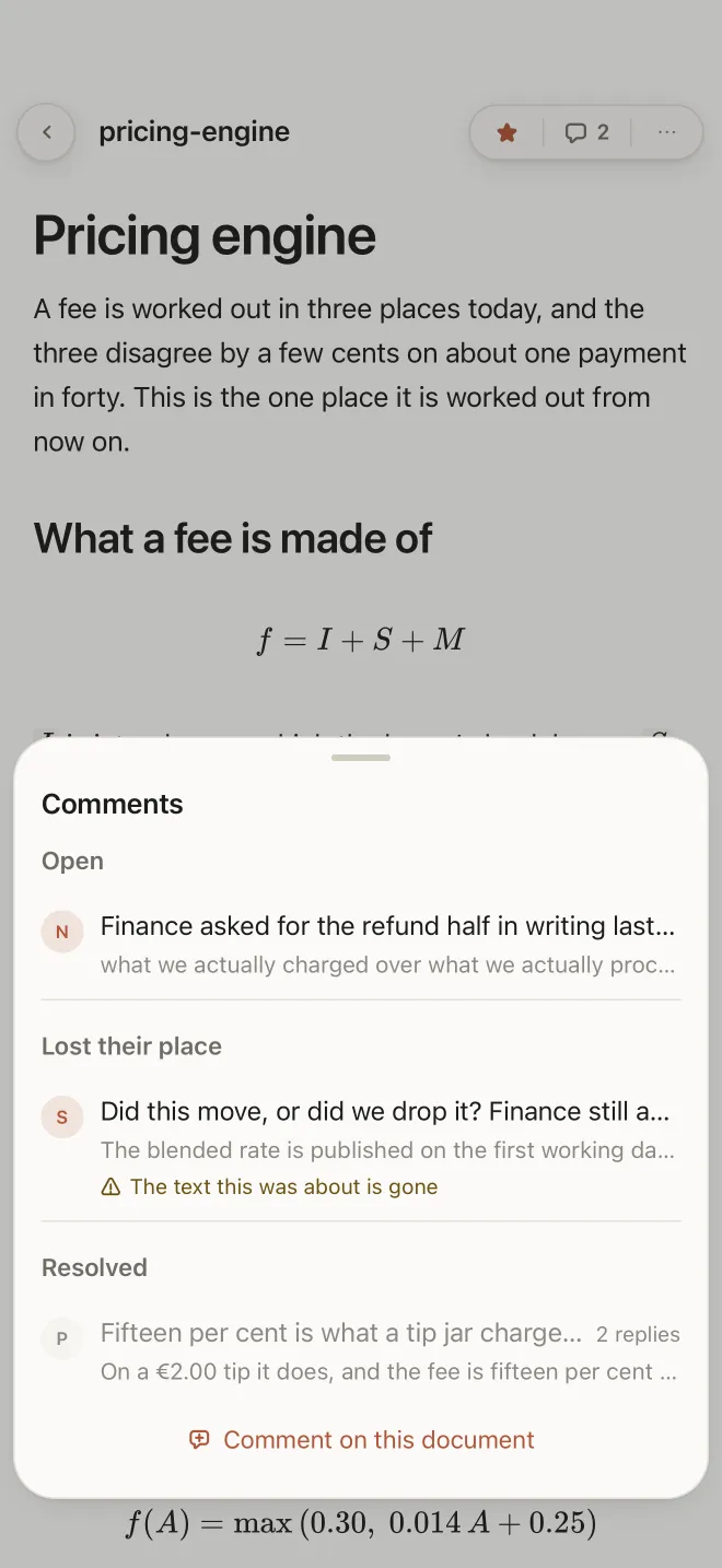 The comments on a document, on the phone: an open thread, one whose text has gone, and a resolved one with two replies.