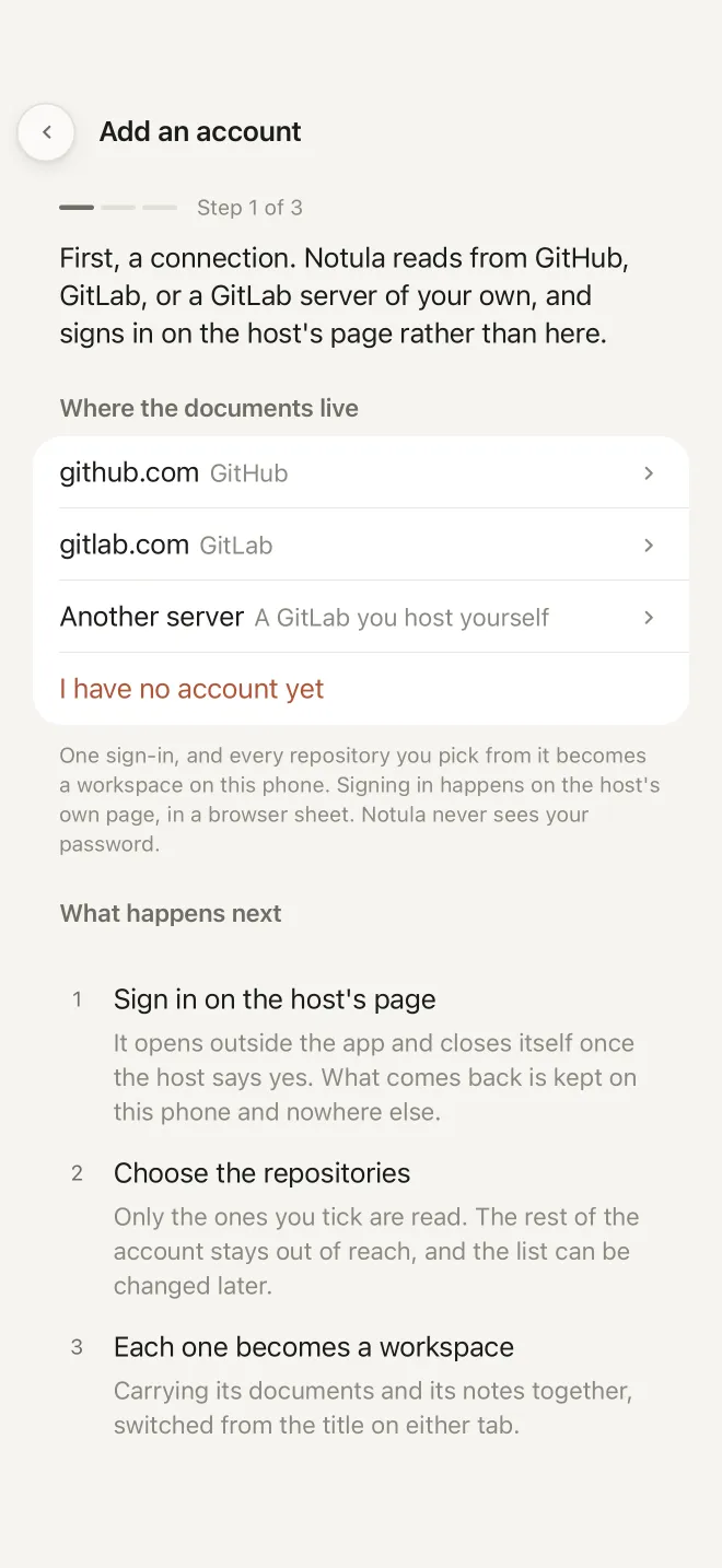 The account screen on the phone, offering github.com, gitlab.com and a GitLab you host yourself, with the three steps that follow written under it.