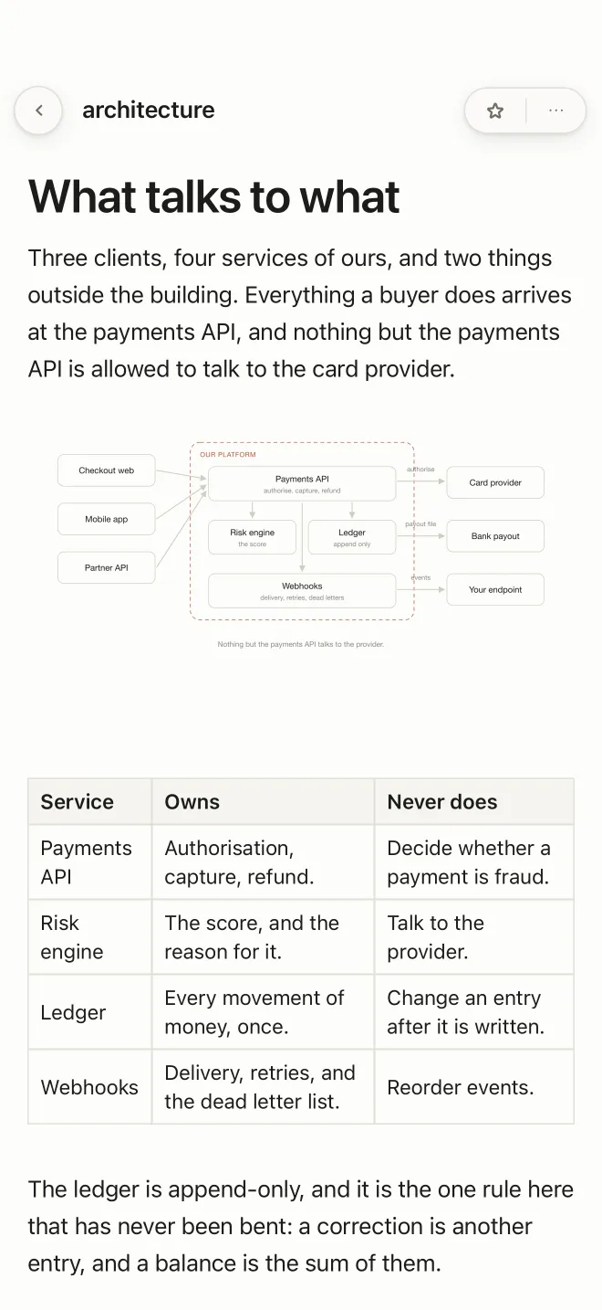 An architecture document open on the phone: a heading, a paragraph, a drawn diagram and a table of services, laid out to read.