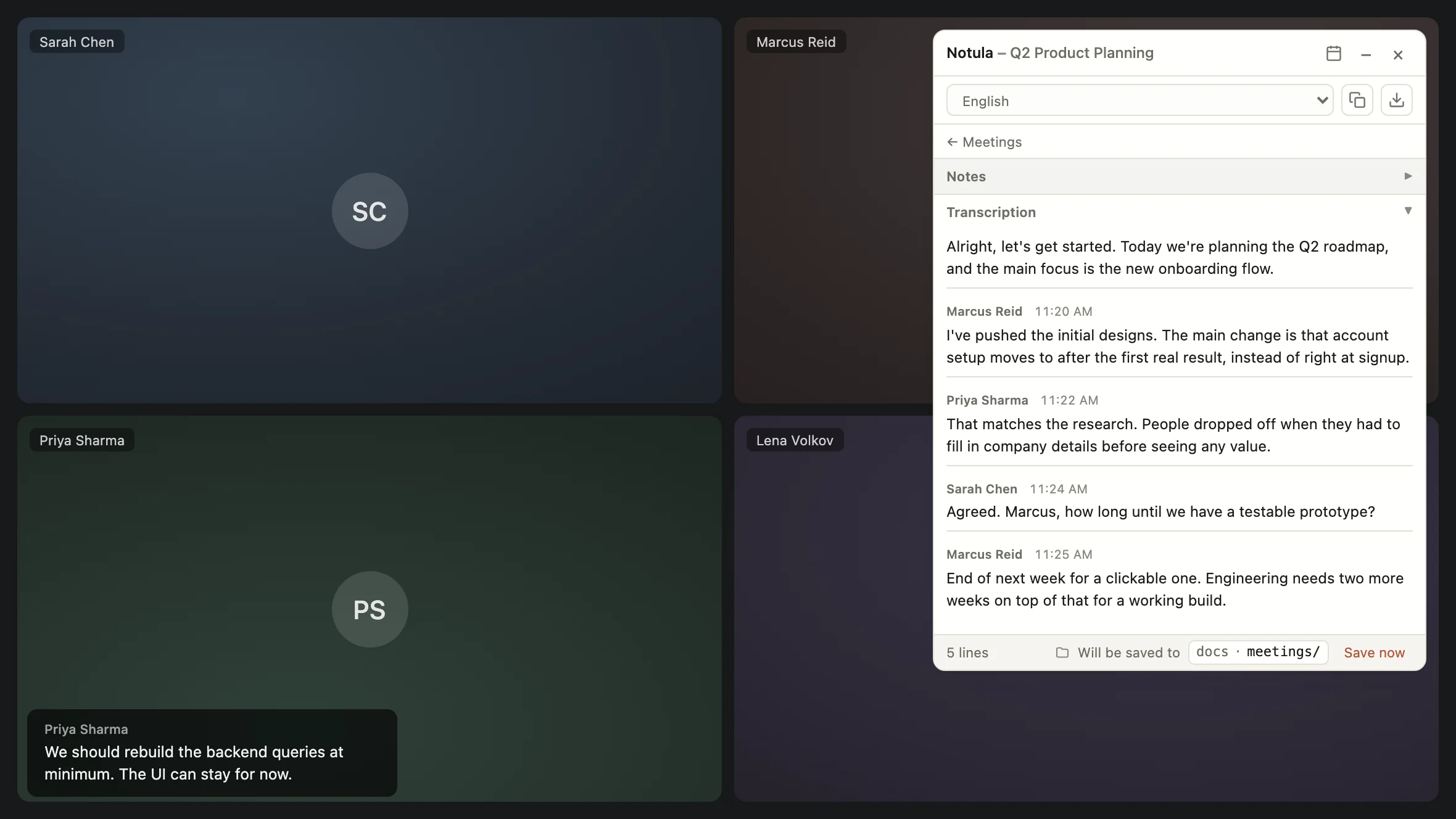 A Google Meet call with the Notula panel over it: the transcript running with speaker names and times, and a line at the foot saying the meeting will be saved to docs, meetings.