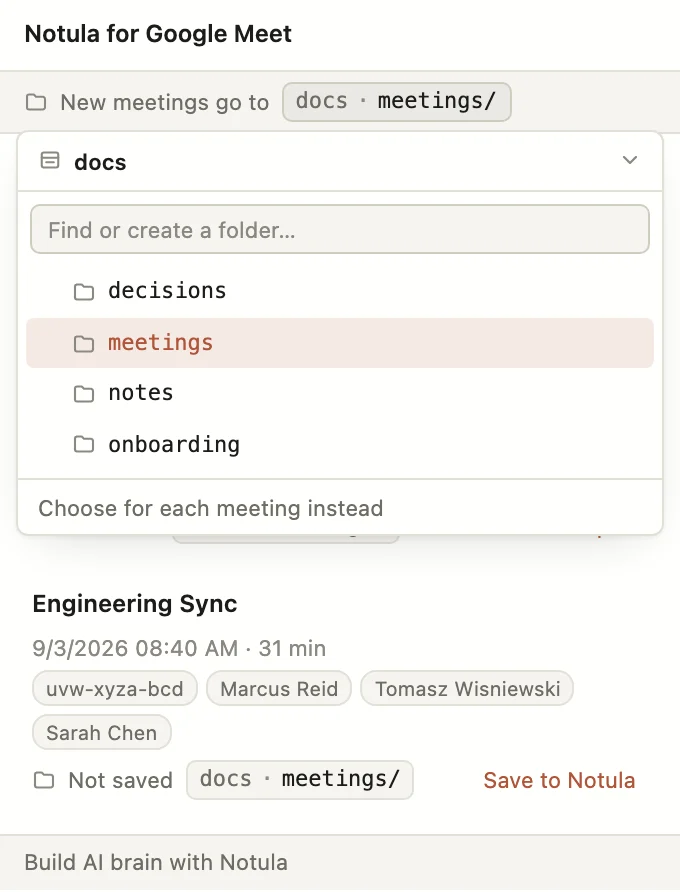 The destination picker open, listing the folders of the docs repository with meetings selected.