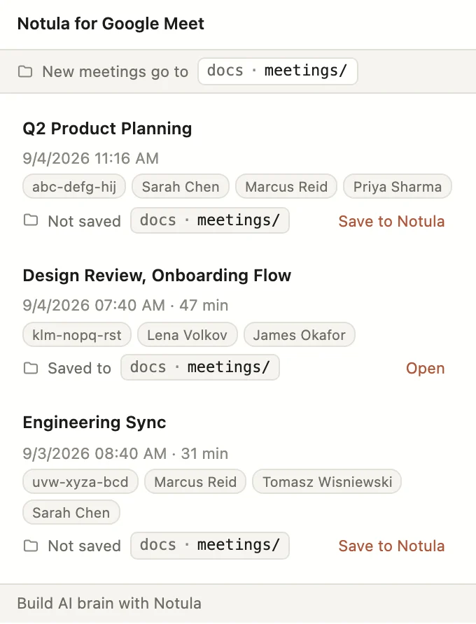 The extension popup listing three meetings, each with its participants and the folder it went to.