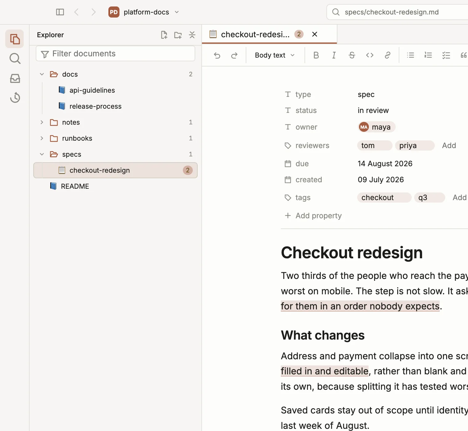 The explorer showing folders of specs, docs, runbooks and notes, with no source files among them.